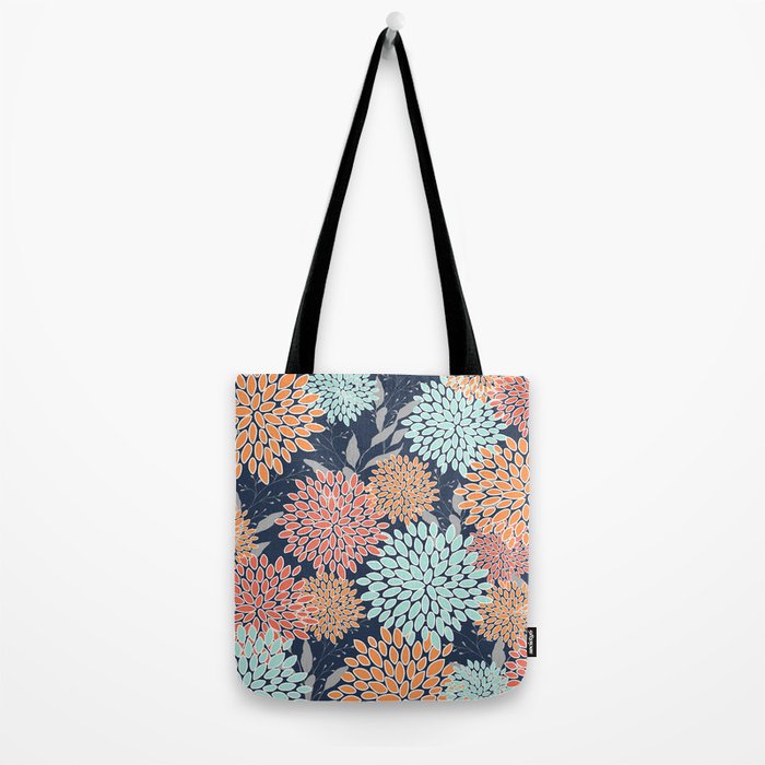 Floral Prints and Leaves, Coral, Navy Blue, Peach, Gray, Aqua Tote Bag Gallery Image 2