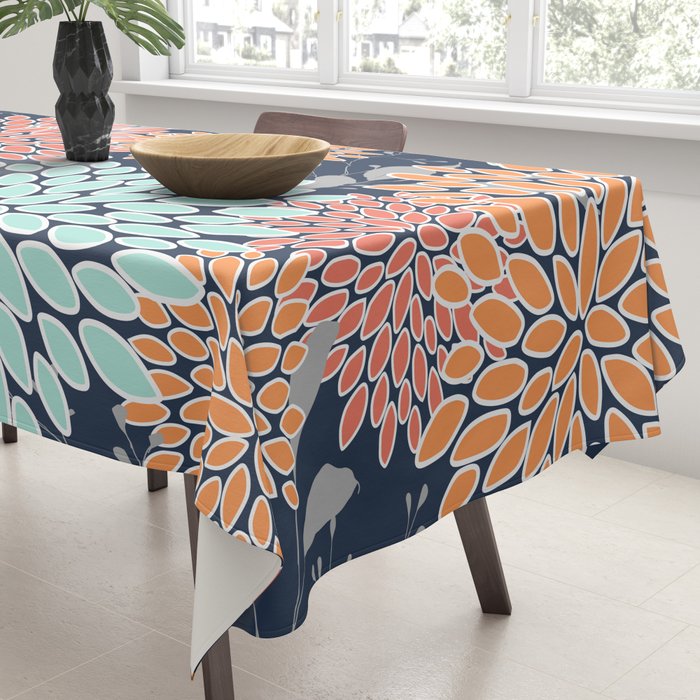 Floral Prints and Leaves, Coral, Navy Blue, Peach, Gray, Aqua Tablecloth Gallery Image 3