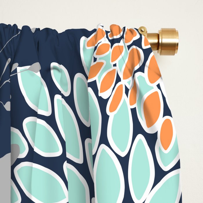 Floral Prints and Leaves, Coral, Navy Blue, Peach, Gray, Aqua Window Curtain Gallery Image 2