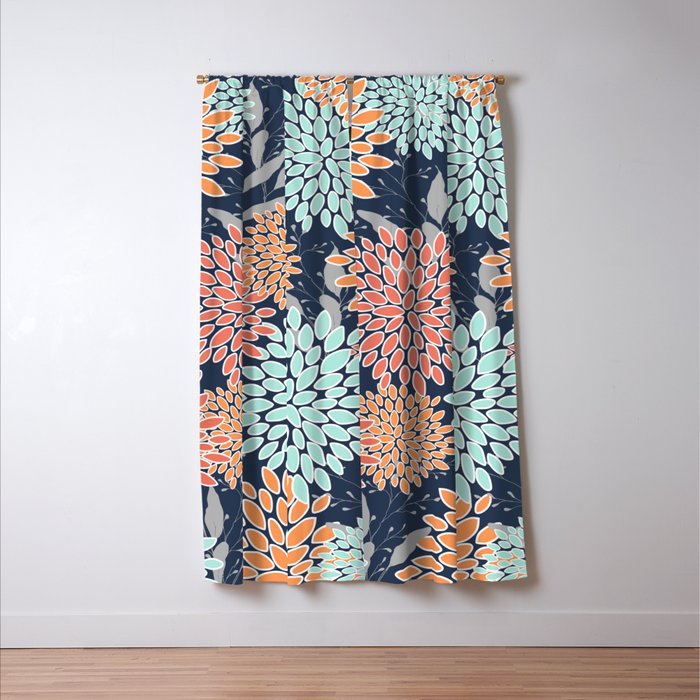 Floral Prints and Leaves, Coral, Navy Blue, Peach, Gray, Aqua Window Curtain Gallery Image 3