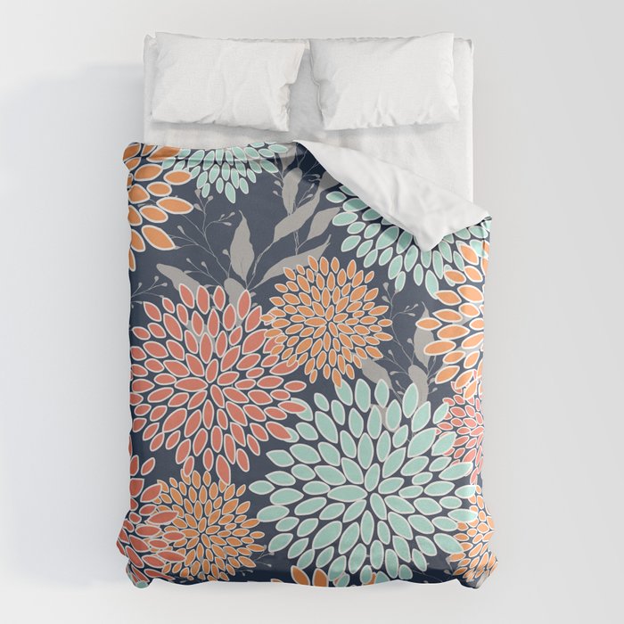 Floral Prints and Leaves, Coral, Navy Blue, Peach, Gray, Aqua Duvet Cover Gallery Image 6