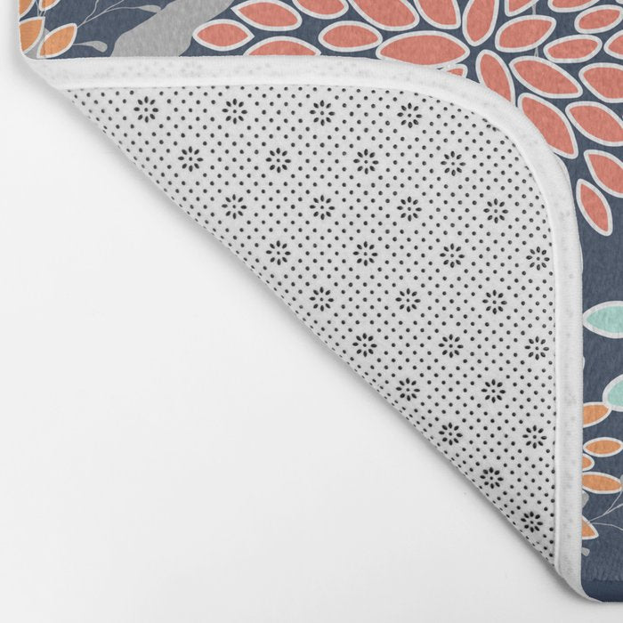 Floral Prints and Leaves, Coral, Navy Blue, Peach, Gray, Aqua Bath Mat Gallery Image 2