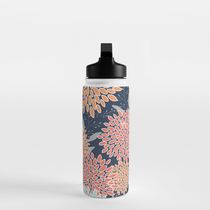 Floral Prints and Leaves, Coral, Navy Blue, Peach, Gray, Aqua Water Bottle Gallery Image 3