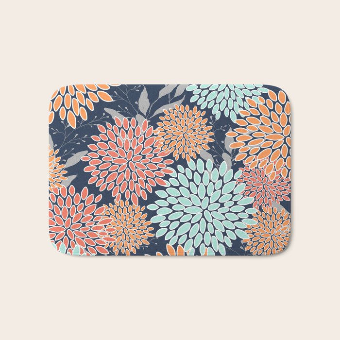 Floral Prints and Leaves, Coral, Navy Blue, Peach, Gray, Aqua Bath Mat Gallery Image 1