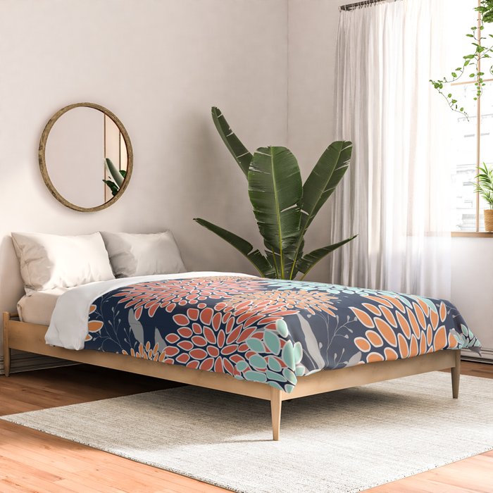 Floral Prints and Leaves, Coral, Navy Blue, Peach, Gray, Aqua Comforter Gallery Image 2