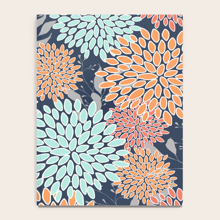 Floral Prints and Leaves, Coral, Navy Blue, Peach, Gray, Aqua Notebook Gallery Image 4
