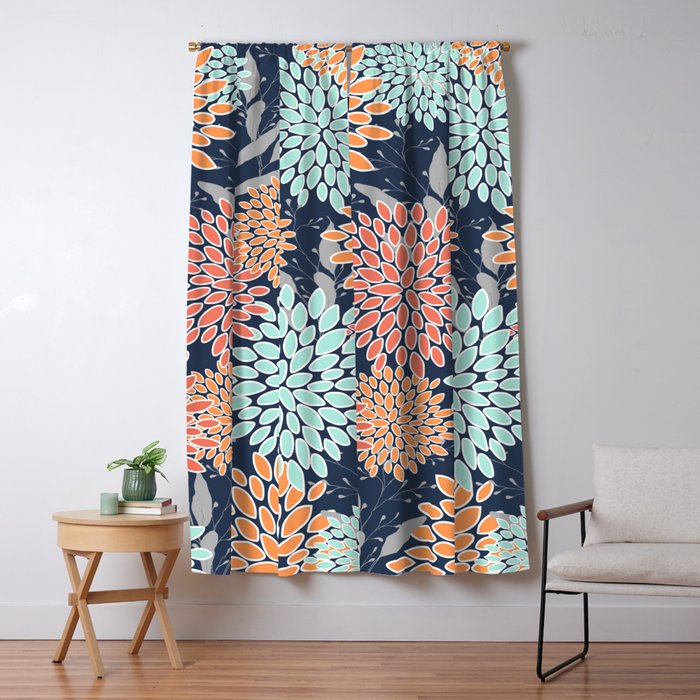 Floral Prints and Leaves, Coral, Navy Blue, Peach, Gray, Aqua Window Curtain Gallery Image 5