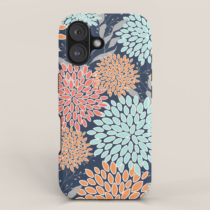 Floral Prints and Leaves, Coral, Navy Blue, Peach, Gray, Aqua iPhone Case Gallery Image 1