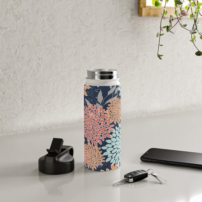 Floral Prints and Leaves, Coral, Navy Blue, Peach, Gray, Aqua Water Bottle Gallery Image 4