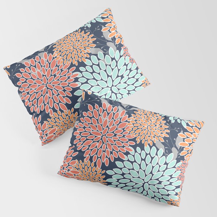 Floral Prints and Leaves, Coral, Navy Blue, Peach, Gray, Aqua Pillow Sham Gallery Image 3