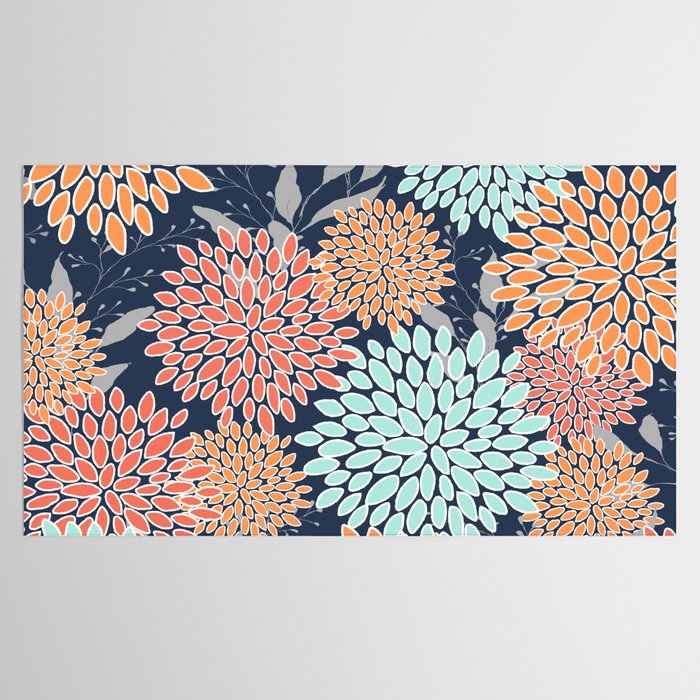 Floral Prints and Leaves, Coral, Navy Blue, Peach, Gray, Aqua Tablecloth Gallery Image 2