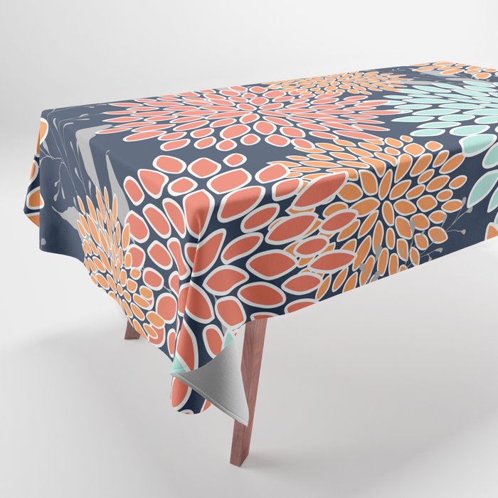 Floral Prints and Leaves, Coral, Navy Blue, Peach, Gray, Aqua Tablecloth Gallery Image 1