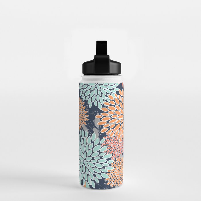Floral Prints and Leaves, Coral, Navy Blue, Peach, Gray, Aqua Water Bottle Gallery Image 2
