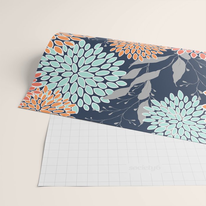 Floral Prints and Leaves, Coral, Navy Blue, Peach, Gray, Aqua Wrapping Paper Gallery Image 2