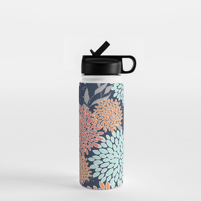 Floral Prints and Leaves, Coral, Navy Blue, Peach, Gray, Aqua Water Bottle Gallery Image 1