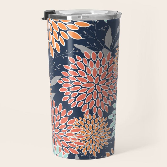 Floral Prints and Leaves, Coral, Navy Blue, Peach, Gray, Aqua Travel Mug Gallery Image 3