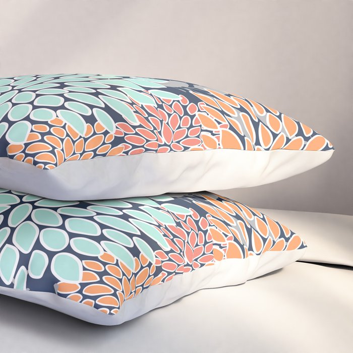 Floral Prints and Leaves, Coral, Navy Blue, Peach, Gray, Aqua Pillow Sham Gallery Image 3