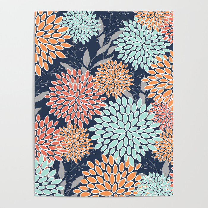 Floral Prints and Leaves, Coral, Navy Blue, Peach, Gray, Aqua Poster Gallery Image 4