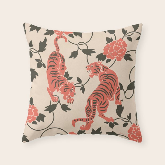 Chinese Tigers Retro Floral Pattern Throw Pillow Gallery Image 6
