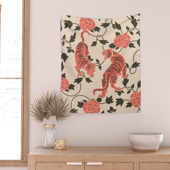 Chinese Tigers Retro Floral Pattern Wall Tapestry Gallery Image 2
