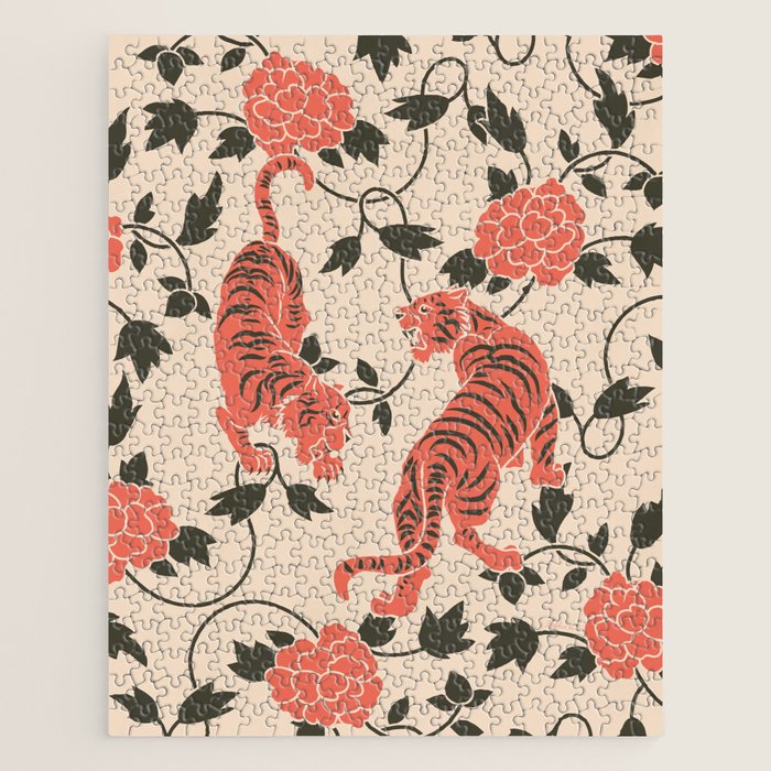 Chinese Tigers Retro Floral Pattern Jigsaw Puzzle Gallery Image 1