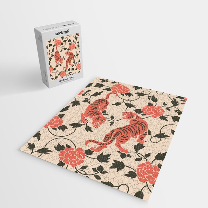 Chinese Tigers Retro Floral Pattern Jigsaw Puzzle Gallery Image 2