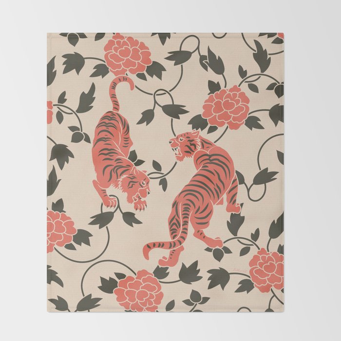 Chinese Tigers Retro Floral Pattern Throw Blanket Gallery Image 2