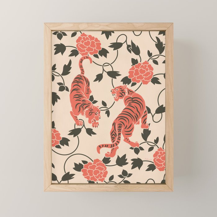 Chinese Tigers Retro Floral Pattern Mini Art Print Gallery Image 1