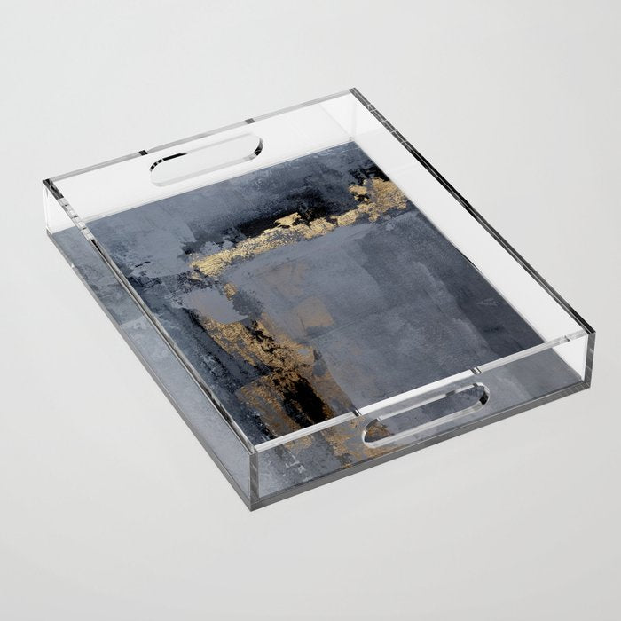 Golden Abstract Texture Grey and Gold Modern Painting Acrylic Tray Gallery Image 1