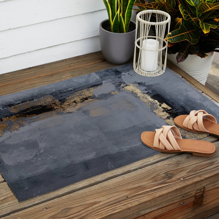 Golden Abstract Texture Grey and Gold Modern Painting Outdoor Rug Gallery Image 2