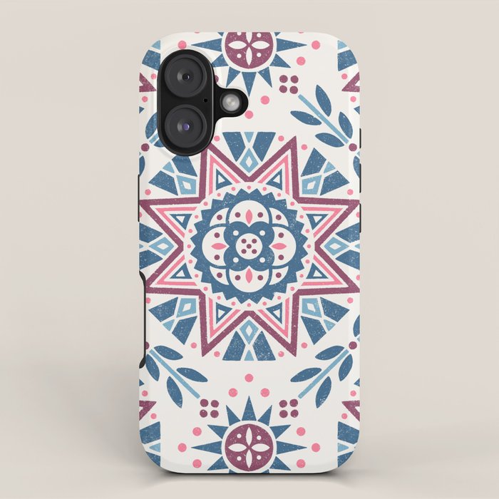 Folk Art Shapes Block Print - Blue and Burgundy iPhone Case Gallery Image 1