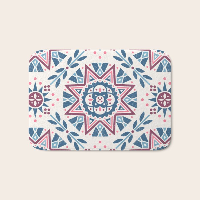 Folk Art Shapes Block Print - Blue and Burgundy Bath Mat Gallery Image 1