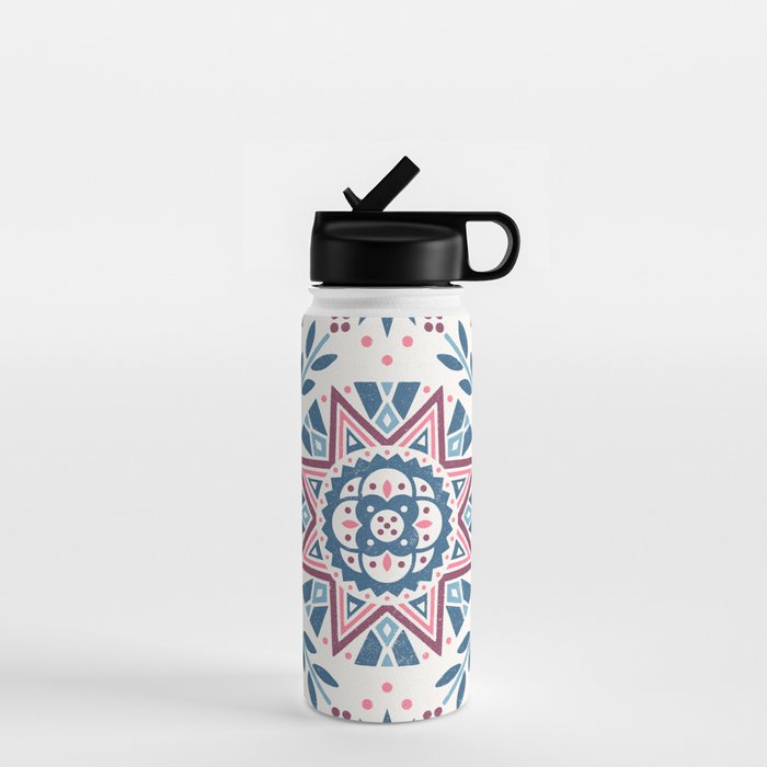 Folk Art Shapes Block Print - Blue and Burgundy Water Bottle Gallery Image 1