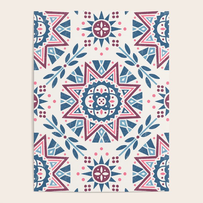 Folk Art Shapes Block Print - Blue and Burgundy Poster Gallery Image 1