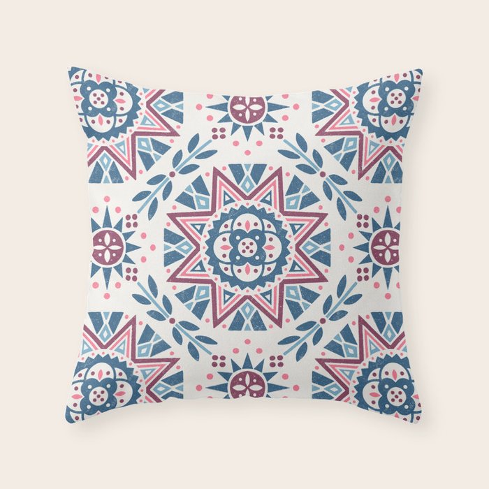 Folk Art Shapes Block Print - Blue and Burgundy Throw Pillow Gallery Image 6