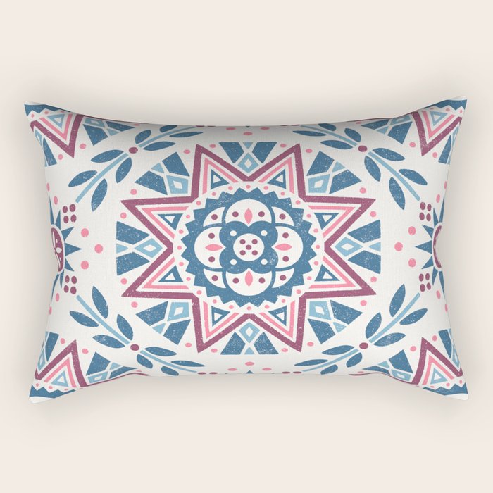 Folk Art Shapes Block Print - Blue and Burgundy Rectangular Pillow Gallery Image 1