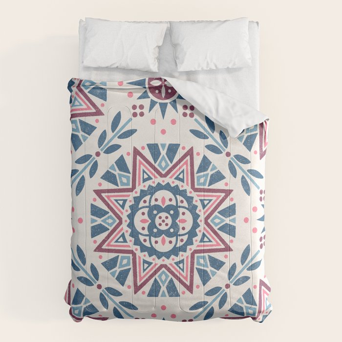 Folk Art Shapes Block Print - Blue and Burgundy Comforter Gallery Image 6