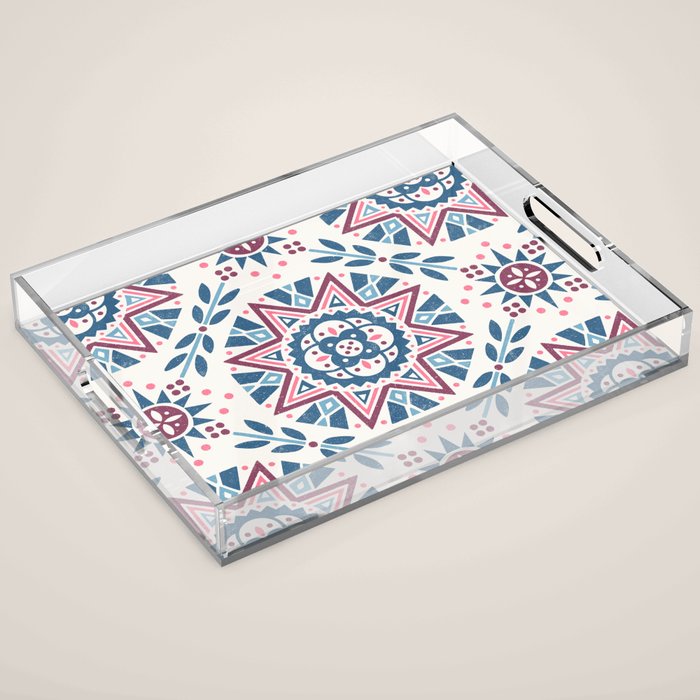 Folk Art Shapes Block Print - Blue and Burgundy Acrylic Tray Gallery Image 1