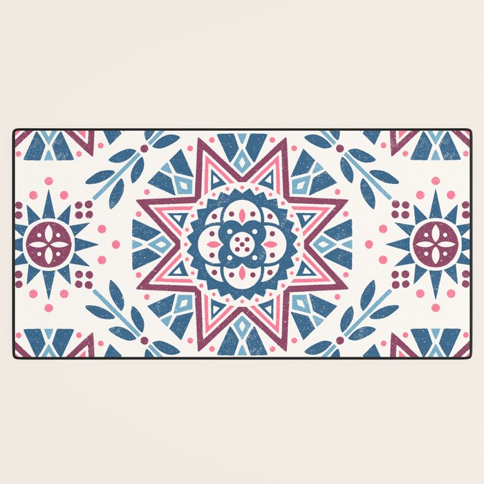 Folk Art Shapes Block Print - Blue and Burgundy Desk Mat Gallery Image 3