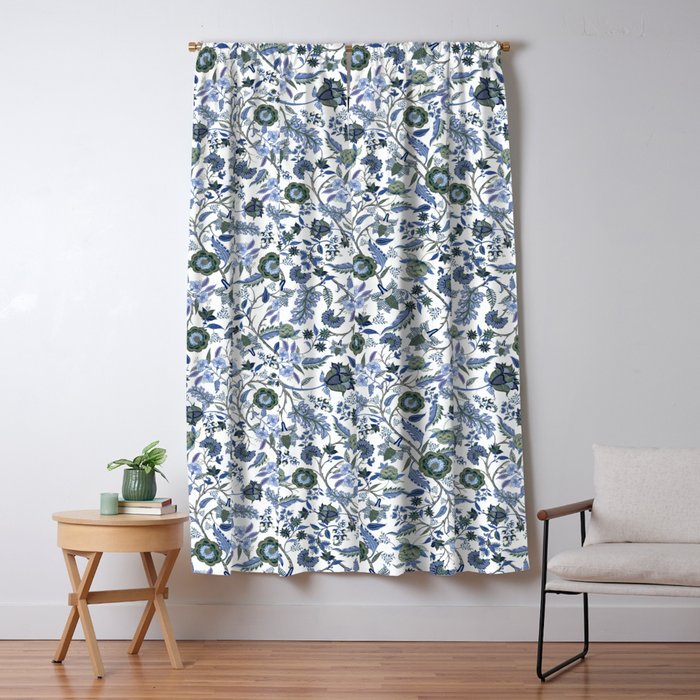 Blue Chinoiserie, Chintz, Indian, vintage floral, 70s,  Window Curtain Gallery Image 5