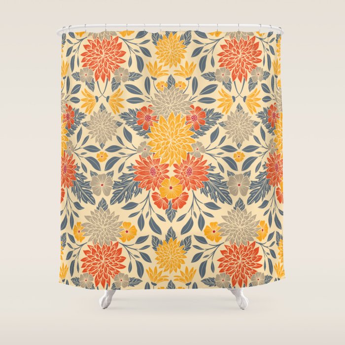 Warm Yellow, Orange & Blue Floral Shower Curtain Gallery Image 1