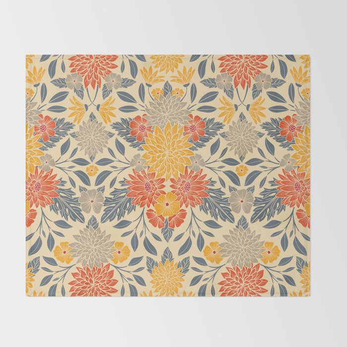 Warm Yellow, Orange & Blue Floral Throw Blanket Gallery Image 2