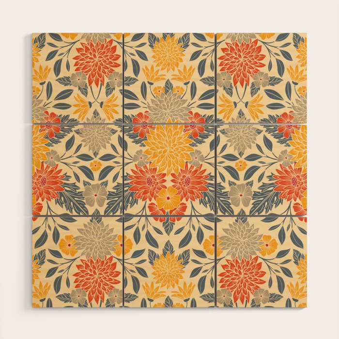 Warm Yellow, Orange & Blue Floral Wood Wall Art Gallery Image 1