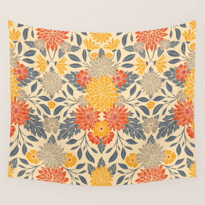 Warm Yellow, Orange & Blue Floral Wall Tapestry Gallery Image 4