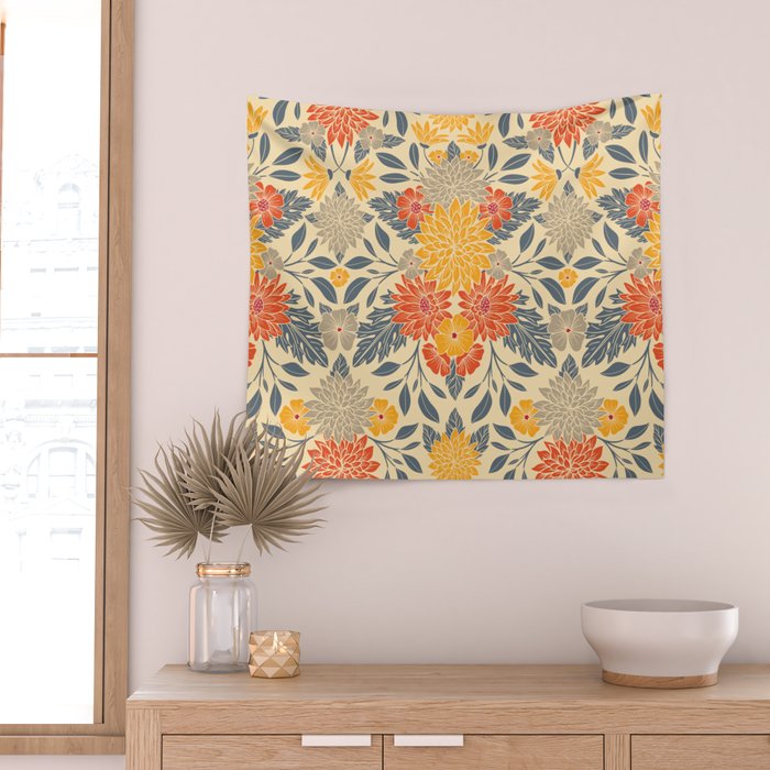 Warm Yellow, Orange & Blue Floral Wall Tapestry Gallery Image 2