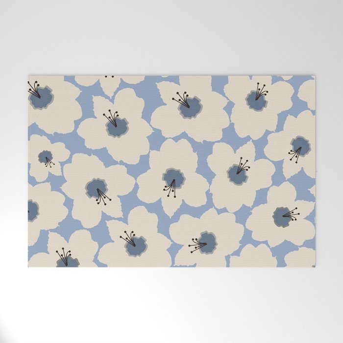 Retro Floral Light Blue Welcome Mat Gallery Image 1
