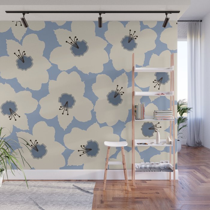 Retro Floral Light Blue Wall Mural Gallery Image 1