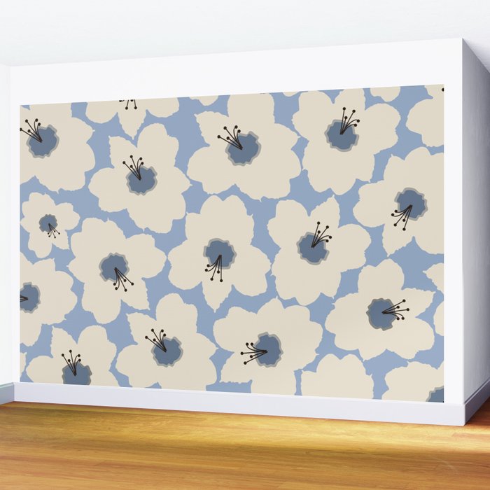 Retro Floral Light Blue Wall Mural Gallery Image 2