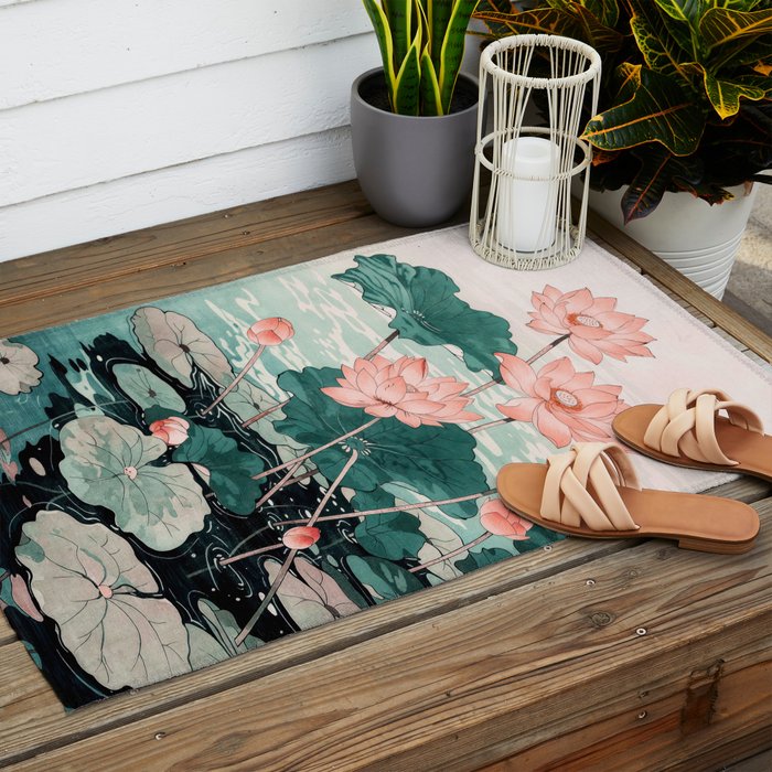 Japanese Wall Art Floral Lotus Painting Pink Pastel Green botanical Wabi Sabi Flower Poster Outdoor Rug Gallery Image 2