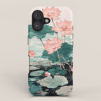 Japanese Wall Art Floral Lotus Painting Pink Pastel Green botanical Wabi Sabi Flower Poster iPhone Case Gallery Image 1